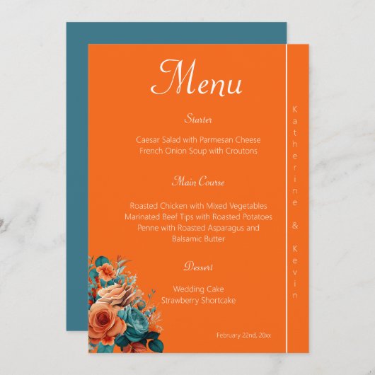 Elegante Blauwgroen en Oranje bloemenbruiloft Menu (Voorkant / Achterkant)