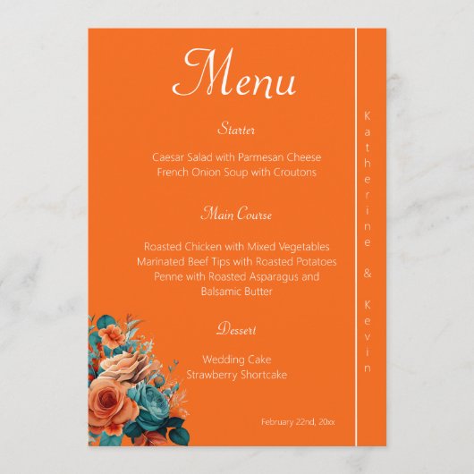 Elegante Blauwgroen en Oranje bloemenbruiloft Menu (Voorkant)