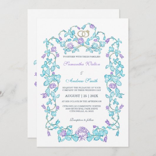 Elegante Blauwgroen en Paarse bruiloft Kaart (Voorkant / Achterkant)