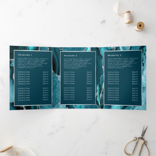 Elegante Blauwgroen en zilveren Agaat Trifold Broc Drieluik Kaart (Binnen)
