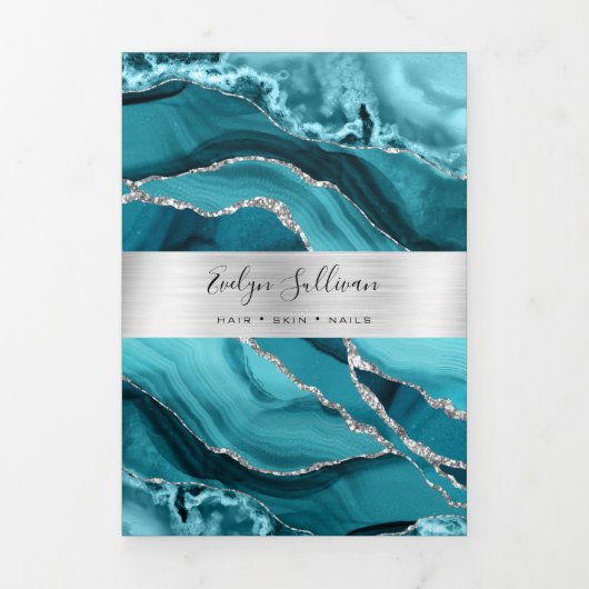 Elegante Blauwgroen en zilveren Agaat Trifold Broc Drieluik Kaart (Cover)