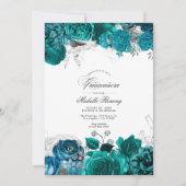 Elegante Blauwgroen en Zilveren Bloemen Quinceañer Kaart (Voorkant)