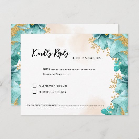 Elegante Blauwgroen Floral RSVP-kaart Briefkaart (Voorkant / Achterkant)