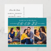 Elegante Blauwgroen Fotocollage Bruiloft Save the  Aankondigingskaart (Voorkant / Achterkant)