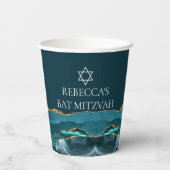 Elegante Blauwgroen Gold Bat Mitswa Party Custom Papieren Bekers (Achterkant)