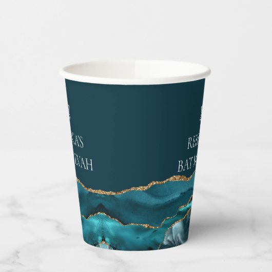 Elegante Blauwgroen Gold Bat Mitswa Party Custom Papieren Bekers (Links)