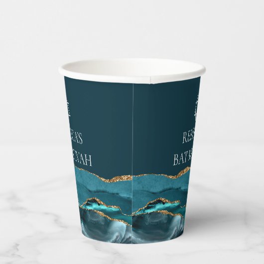 Elegante Blauwgroen Gold Bat Mitswa Party Custom Papieren Bekers (Rechts)