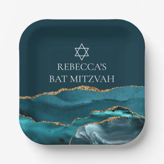 Elegante Blauwgroen Gold Bat Mitswa Party Custom Papieren Bordje (Voorkant)