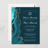 Elegante Blauwgroen Gold Bat Mitswa Party Invitati Briefkaart (Voorkant / Achterkant)