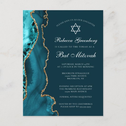 Elegante Blauwgroen Gold Bat Mitswa Party Invitati Briefkaart (Voorkant)