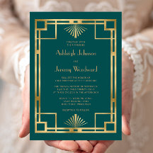 Elegante Blauwgroen Gold Geo  1920s Deco Wedding