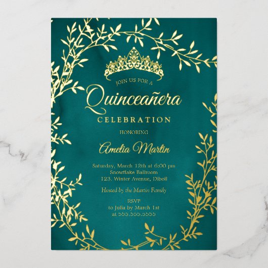 Elegante Blauwgroen Gold Leaf Krans Quinceanera Folie Uitnodiging (Voorkant)