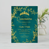 Elegante Blauwgroen Gold Leaf Krans Quinceanera Folie Uitnodiging (Staand Voorkant)