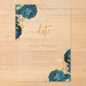 Elegante Blauwgroen gouden bloemenbruiloft Save th Acryl Uitnodigingen (Voorkant)