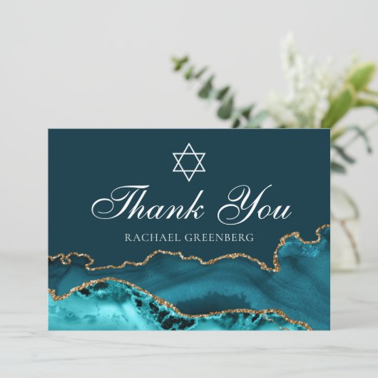 Elegante Blauwgroen gouden joodse davidster Bedankkaart (Staand voorkant)
