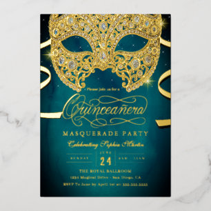 Elegante Blauwgroen gouden maskerade Quinceanera Folie Uitnodiging