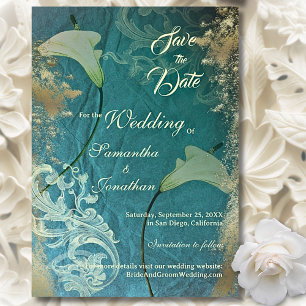 Elegante Blauwgroen & Gouden Vintage Bloemen Huwel Save The Date