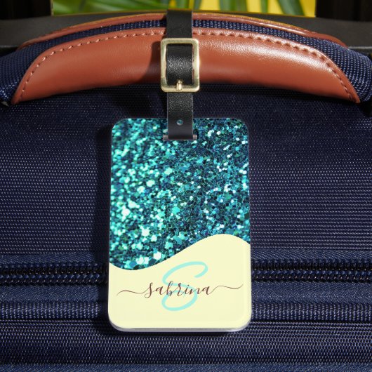 Elegante Blauwgroen Groene Drip Glitter Monogramme Bagagelabel (Voorkant Insitu 2)
