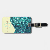 Elegante Blauwgroen Groene Drip Glitter Monogramme Bagagelabel (Voorkant horizontaal)