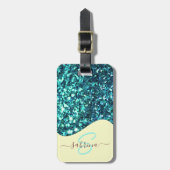Elegante Blauwgroen Groene Drip Glitter Monogramme Bagagelabel (Voorkant verticaal)