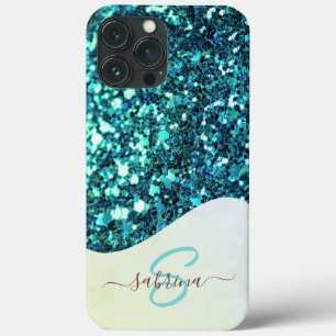 Elegante Blauwgroen Groene Drip Glitter Monogramme Case-Mate iPhone Case