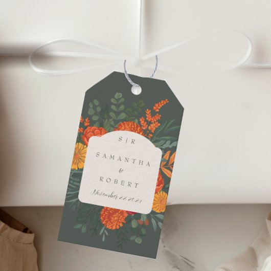 Elegante Blauwgroen Herfst Bloemen Monogram Huweli Cadeaulabel