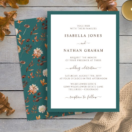 Elegante Blauwgroen herfstbruiloft Kaart