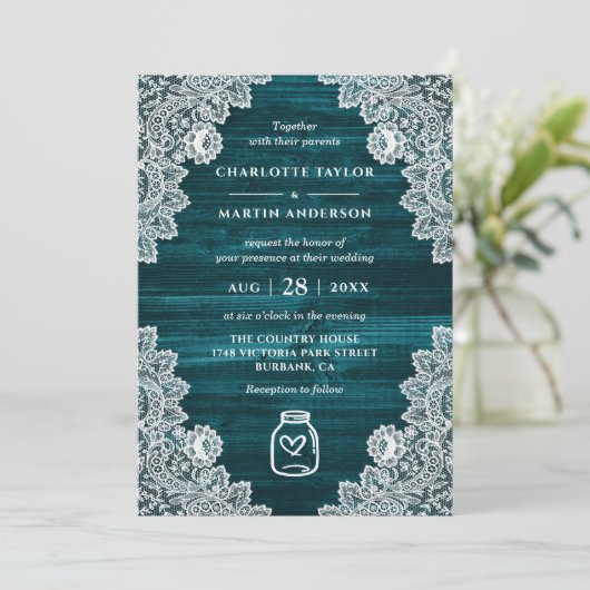 Elegante Blauwgroen Houten Bloemen Kant Mason Jar  Kaart (Staand voorkant)