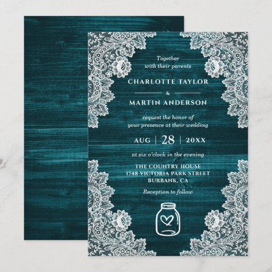 Elegante Blauwgroen Houten Bloemen Kant Mason Jar  Kaart (Voorkant / Achterkant)