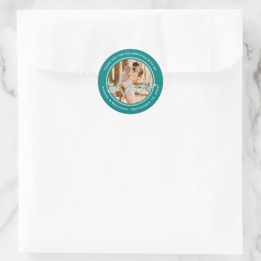 Elegante Blauwgroen liefde is lief bruiloft foto Ronde Sticker (Tas)