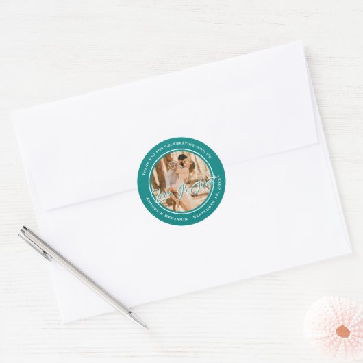 Elegante Blauwgroen liefde is lief bruiloft foto Ronde Sticker (Envelop)