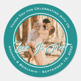 Elegante Blauwgroen liefde is lief bruiloft foto Ronde Sticker