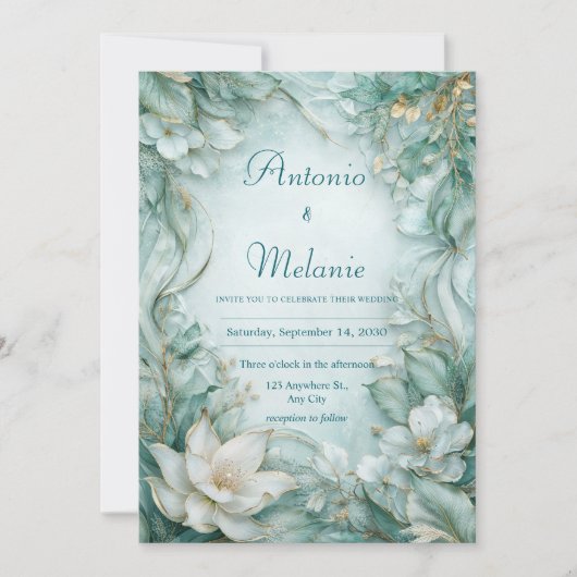 Elegante Blauwgroen Lotus Bloemen Huwelijksuitnodi Kaart (Voorkant)