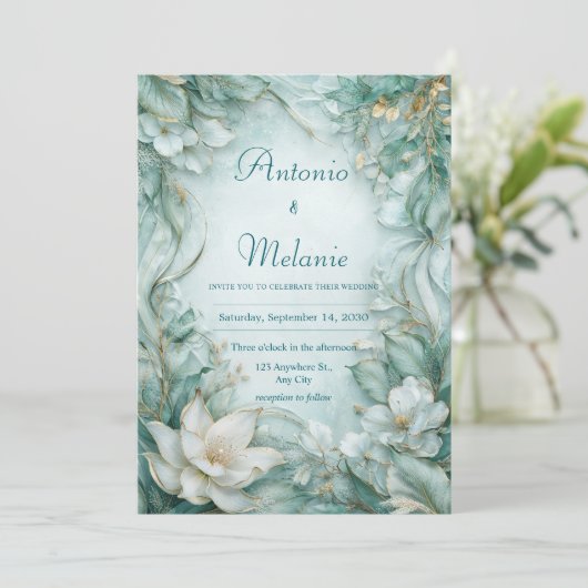 Elegante Blauwgroen Lotus Bloemen Huwelijksuitnodi Kaart (Staand voorkant)