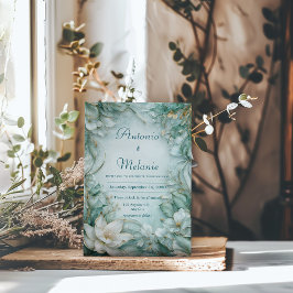 Elegante Blauwgroen Lotus Bloemen Huwelijksuitnodi Kaart