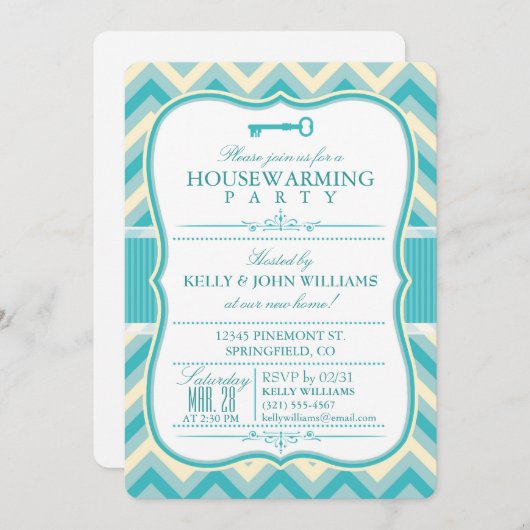 Elegante Blauwgroen & Off-White Chevron Housewarmi Kaart (Voorkant / Achterkant)