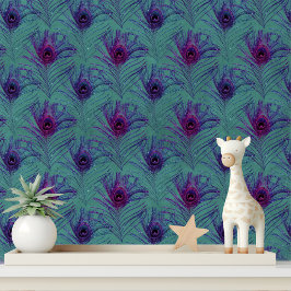 Elegante Blauwgroen Paarse Glitter Peacock Feather Behang