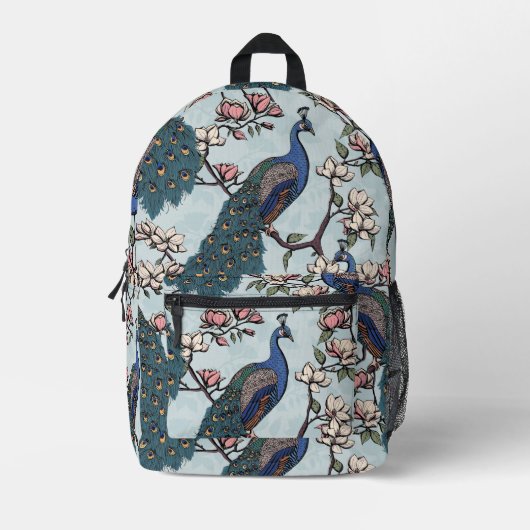 Elegante Blauwgroen pauwen en Magnolia bloemen Blo Bedrukte Rugzak (Voorkant)