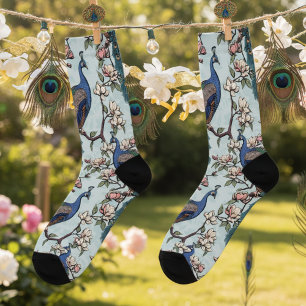Elegante Blauwgroen pauwen en Magnolia bloemen Sokken