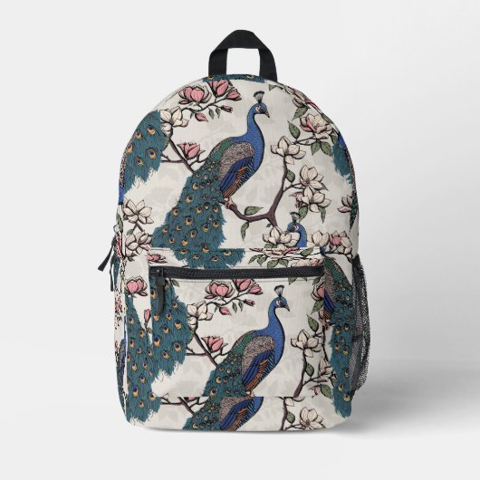 Elegante Blauwgroen pauwen & magnolia bloemen ivoo Bedrukte Rugzak (Voorkant)