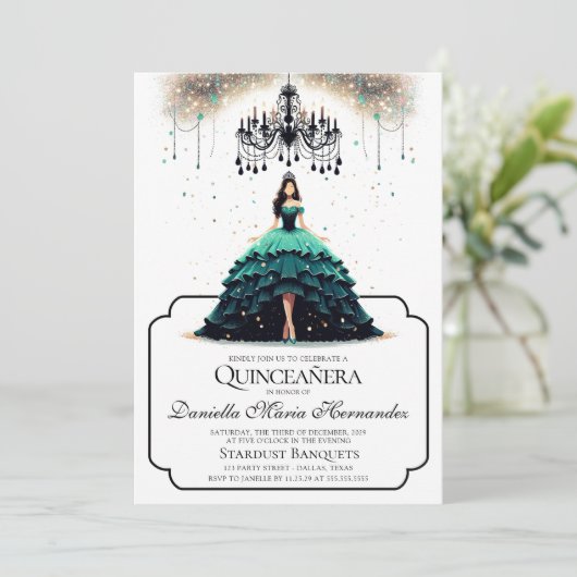 Elegante Blauwgroen Quinceañera uitnodiging (Staand voorkant)