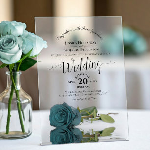 Elegante Blauwgroen Roos Lacy Calligrafie Wedding Acryl Uitnodigingen