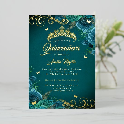 Elegante Blauwgroen Roos Swirl Gold Quinceanera Folie Uitnodiging (Staand Voorkant)