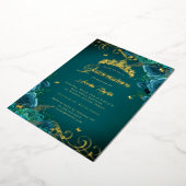 Elegante Blauwgroen Roos Swirl Gold Quinceanera Folie Uitnodiging (Gedraaid)