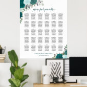 Elegante Blauwgroen Rozen 30 tafel bruiloft zitgra Poster (Thuiskantoor)