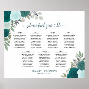 Elegante Blauwgroen Rozen 7 tafel bruiloft zitgraf Poster
