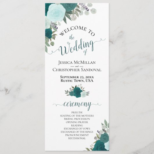 Elegante Blauwgroen Rozen Boho Waterverf Bloemenbr Programmakaart (Voorkant)