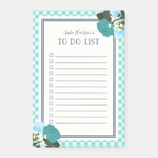 Elegante Blauwgroen Rozen Floral Gingham to do lis Post-it® Notes (Voorkant)