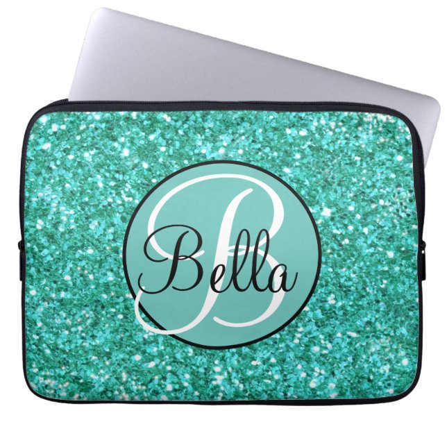Elegante Blauwgroen sprankelende glitter patroon m Laptop Sleeve (Voorkant)