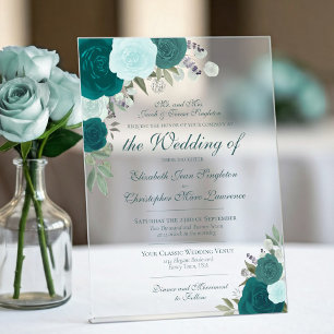 Elegante Blauwgroen Turquoise & Aqua Rozen Formele Acryl Uitnodigingen